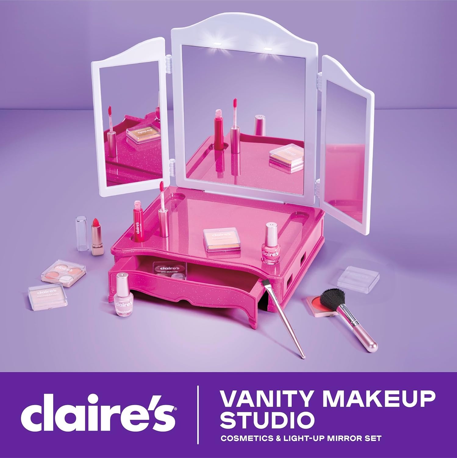Alternative view of Claire's Makeup Vanity with Light-Up Tri-Panel Mirror, 13-Piece Real Cosmetic Set, Pretend Play Makeup for Kids 8-12, Girl Toys & Beauty Activity Gift with Lip Gloss, Lipstick, Nail Polish & More