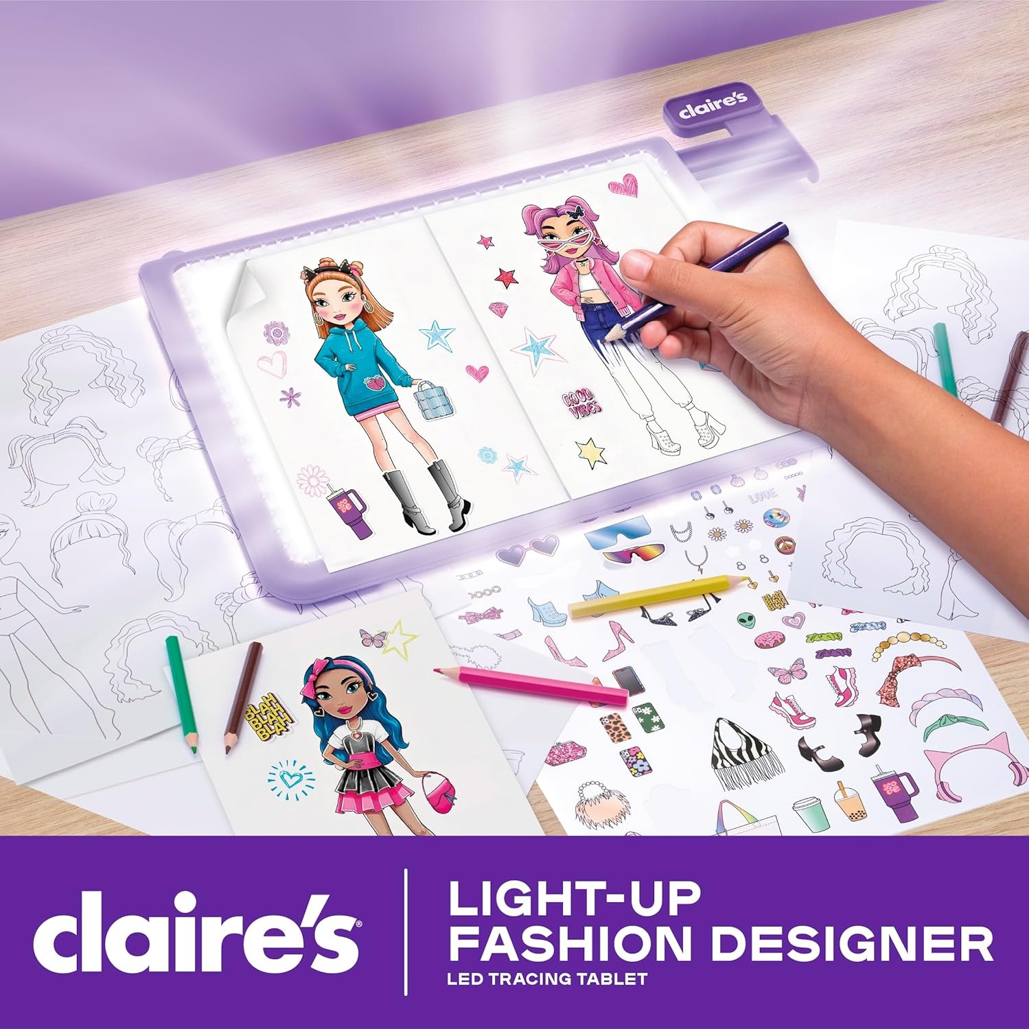 Alternative view of Claire’s Light-Up Fashion Designer LED Tracing Tablet - 330-Piece Arts & Crafts Kit| Fashion Templates, Stickers, Colored Pencils & Paper| Kids Coloring & Drawing Board Activity| Girls Toy Gift|Age 8+