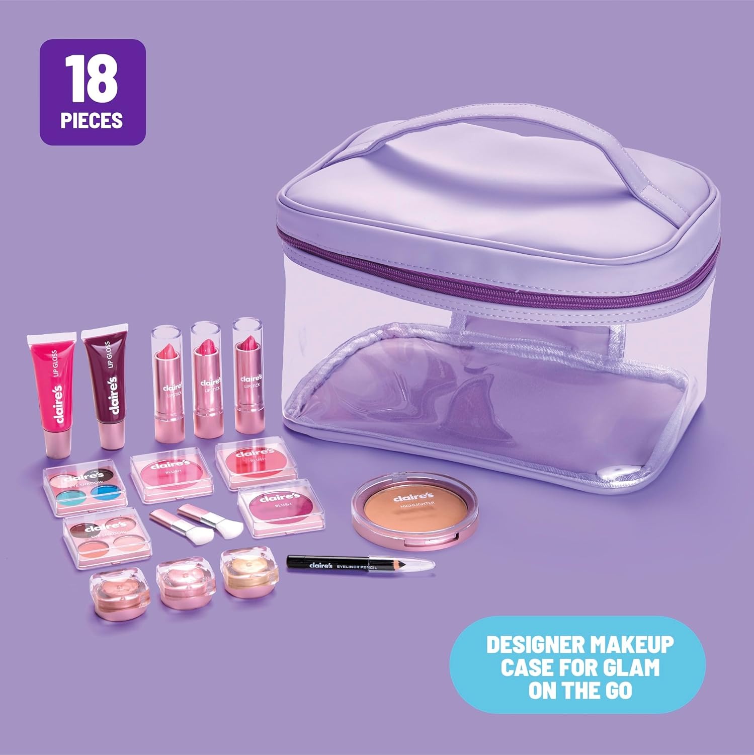 Alternative view of Claire's Ultimate Makeup Kit, 18-Piece Real Cosmetic Set, Makeup for Kids 8-12, Girl Toys & Beauty Activity Gift with Lip Gloss, Lipstick, Eyeshadow, Eyeliner, Blush, Highlighter & Carry Case