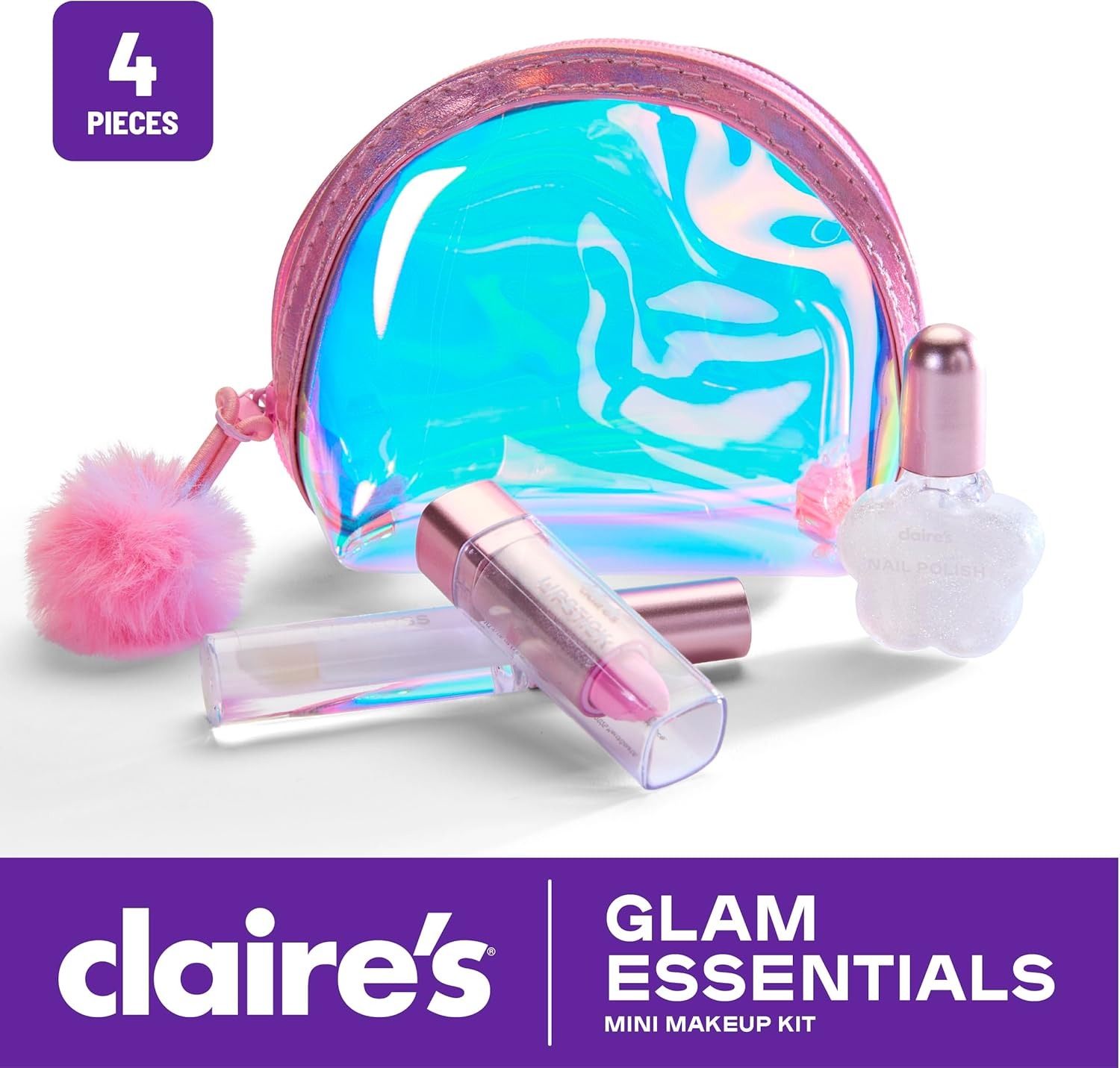 Alternative view of Claire's Glam Essentials Kids Makeup Kit, 4-Piece Real Cosmetic Set with Mini Pouch, Lip Gloss, Lipstick & Nail Polish, Pretend Play Make Up for Kids Ages 6+, Girl Toys & Beauty Activity Gift