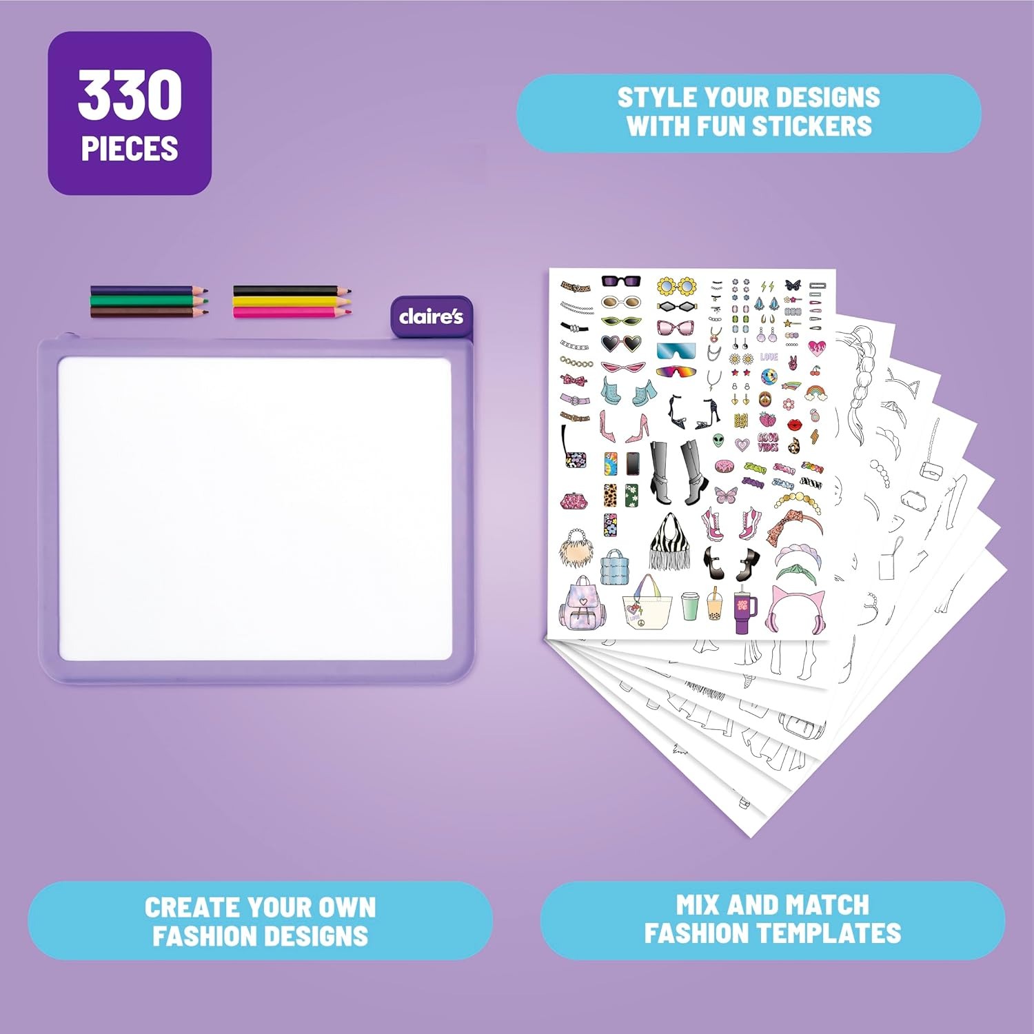 Claire’s Light-Up Fashion Designer LED Tracing Tablet - 330-Piece Arts & Crafts Kit| Fashion Templates, Stickers, Colored Pencils & Paper| Kids Coloring & Drawing Board Activity| Girls Toy Gift|Age 8+ - Image 5