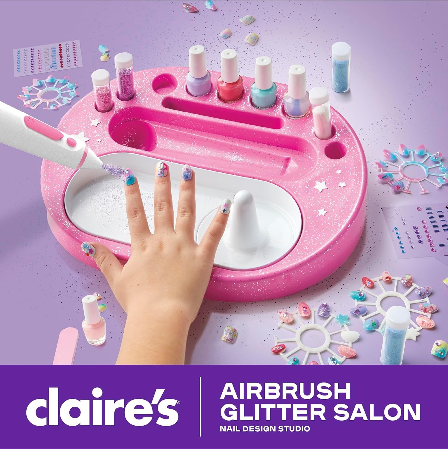 Alternative view of Claire's Kids Nail Art Kit, 67-Piece Airbrush Glitter Salon Nail Charms & Accessories Set, Polish, Press-On Nails, Stickers, Wraps, Girl Toys & Beauty Activity, Manicure Fashion Gift for Girls Age 8+