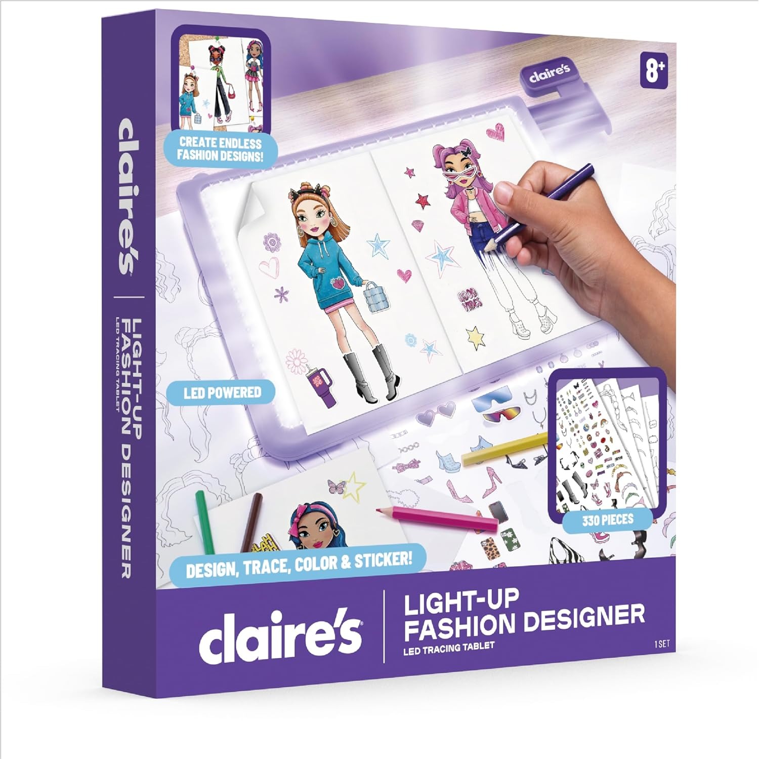 Claire’s Light-Up Fashion Designer LED Tracing Tablet - 330-Piece Arts & Crafts Kit| Fashion Templates, Stickers, Colored Pencils & Paper| Kids Coloring & Drawing Board Activity| Girls Toy Gift|Age 8+ - Image 7