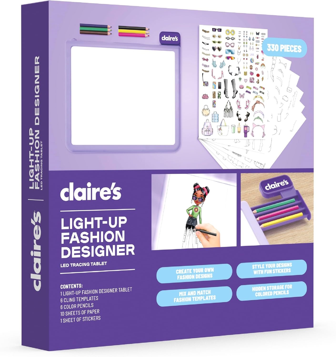 Claire’s Light-Up Fashion Designer LED Tracing Tablet - 330-Piece Arts & Crafts Kit| Fashion Templates, Stickers, Colored Pencils & Paper| Kids Coloring & Drawing Board Activity| Girls Toy Gift|Age 8+ - Image 8