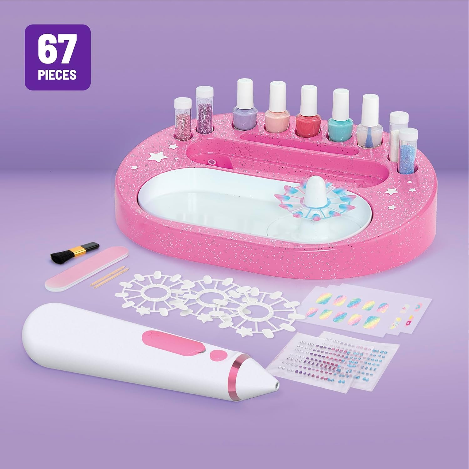 Claire's Kids Nail Art Kit, 67-Piece Airbrush Glitter Salon Nail Charms & Accessories Set, Polish, Press-On Nails, Stickers, Wraps, Girl Toys & Beauty Activity, Manicure Fashion Gift for Girls Age 8+ - Image 5