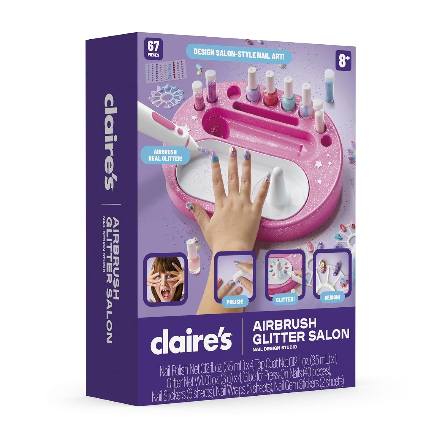Claire's Kids Nail Art Kit, 67-Piece Airbrush Glitter Salon Nail Charms & Accessories Set, Polish, Press-On Nails, Stickers, Wraps, Girl Toys & Beauty Activity, Manicure Fashion Gift for Girls Age 8+ - Image 6