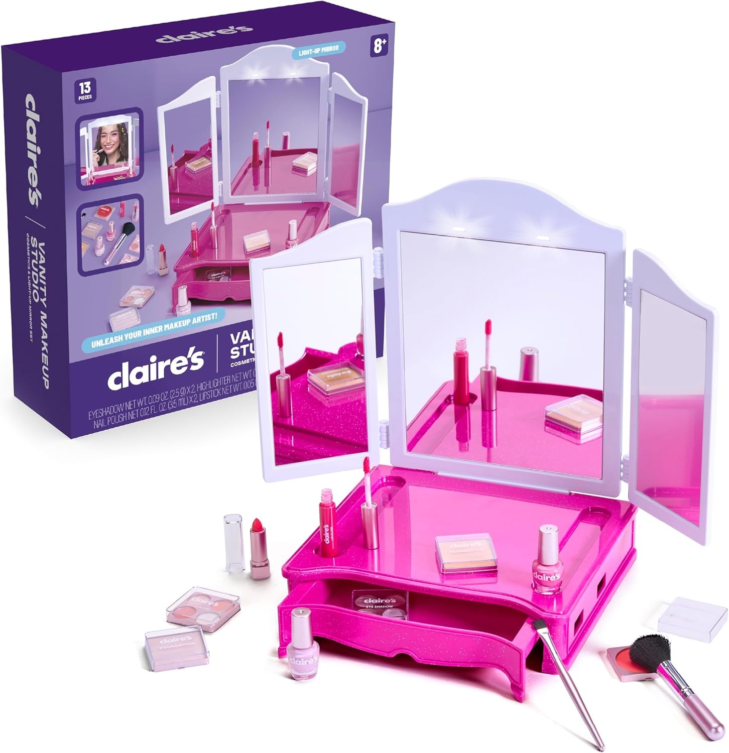 Claire's Makeup Vanity with Light-Up Tri-Panel Mirror, 13-Piece Real Cosmetic Set, Pretend Play Makeup for Kids 8-12, Girl Toys & Beauty Activity Gift with Lip Gloss, Lipstick, Nail Polish & More