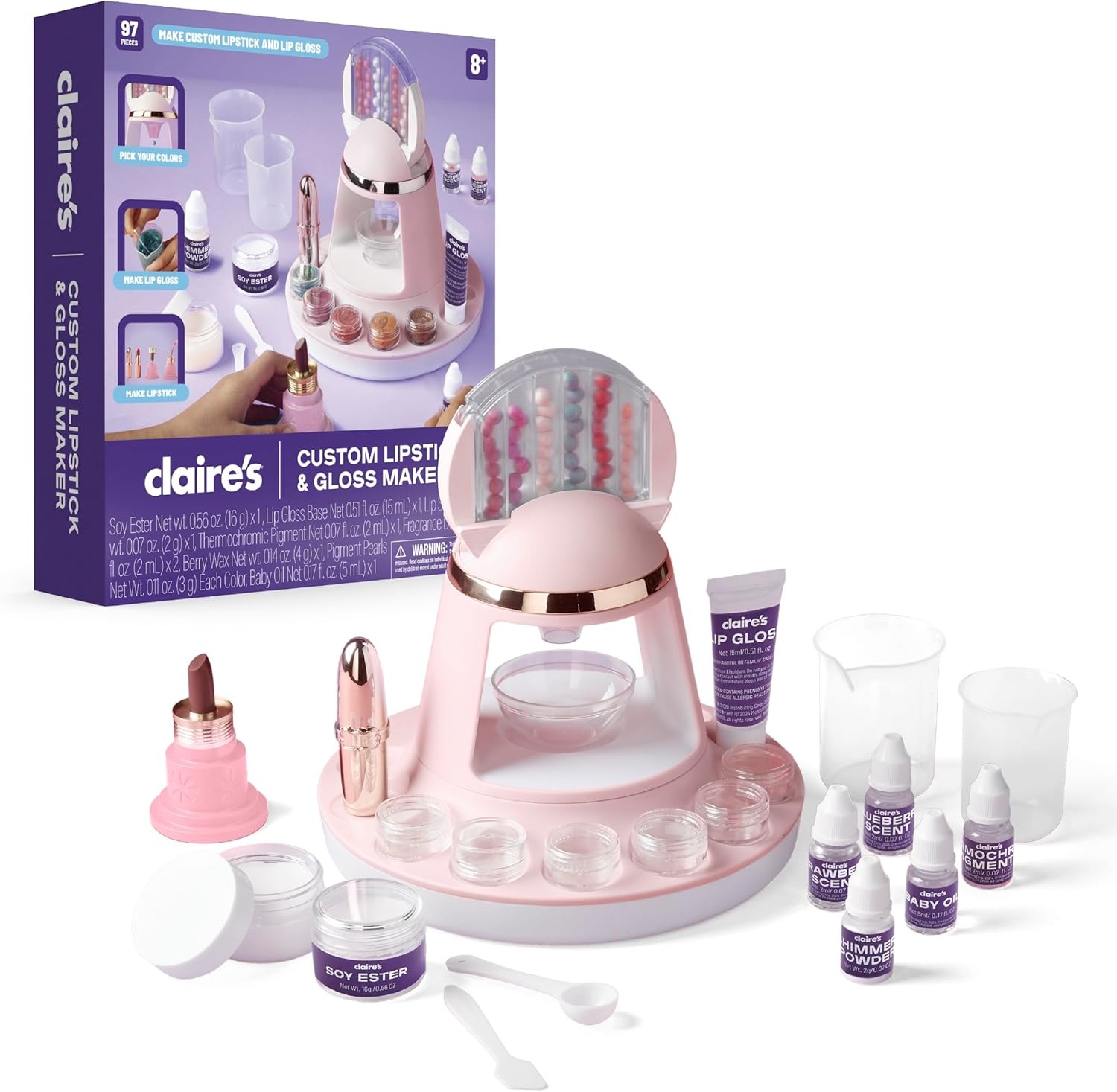 Claire's DIY Lipstick & Lip Gloss Making Kit, 97-Piece Real Makeup Arts & Crafts Set, Handmade Moisturizing Lip Glaze, Girl Toys & Cosmetic Products, Beauty & Science Gift, Ages 8+