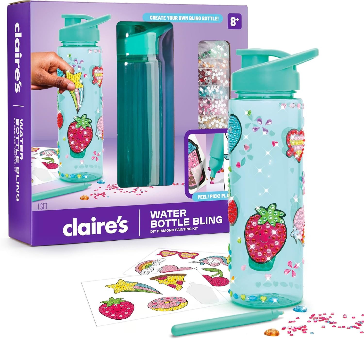 Claire’s Water Bottle Bling Decorating Set, DIY Diamond Painting Kit, 24 Oz BPA-Free Bottle, 990+ Diamond Art Gems, Unicorn, Heart & Fun Stickers, Girl Toys, Craft Kits for Gift Ages 8+