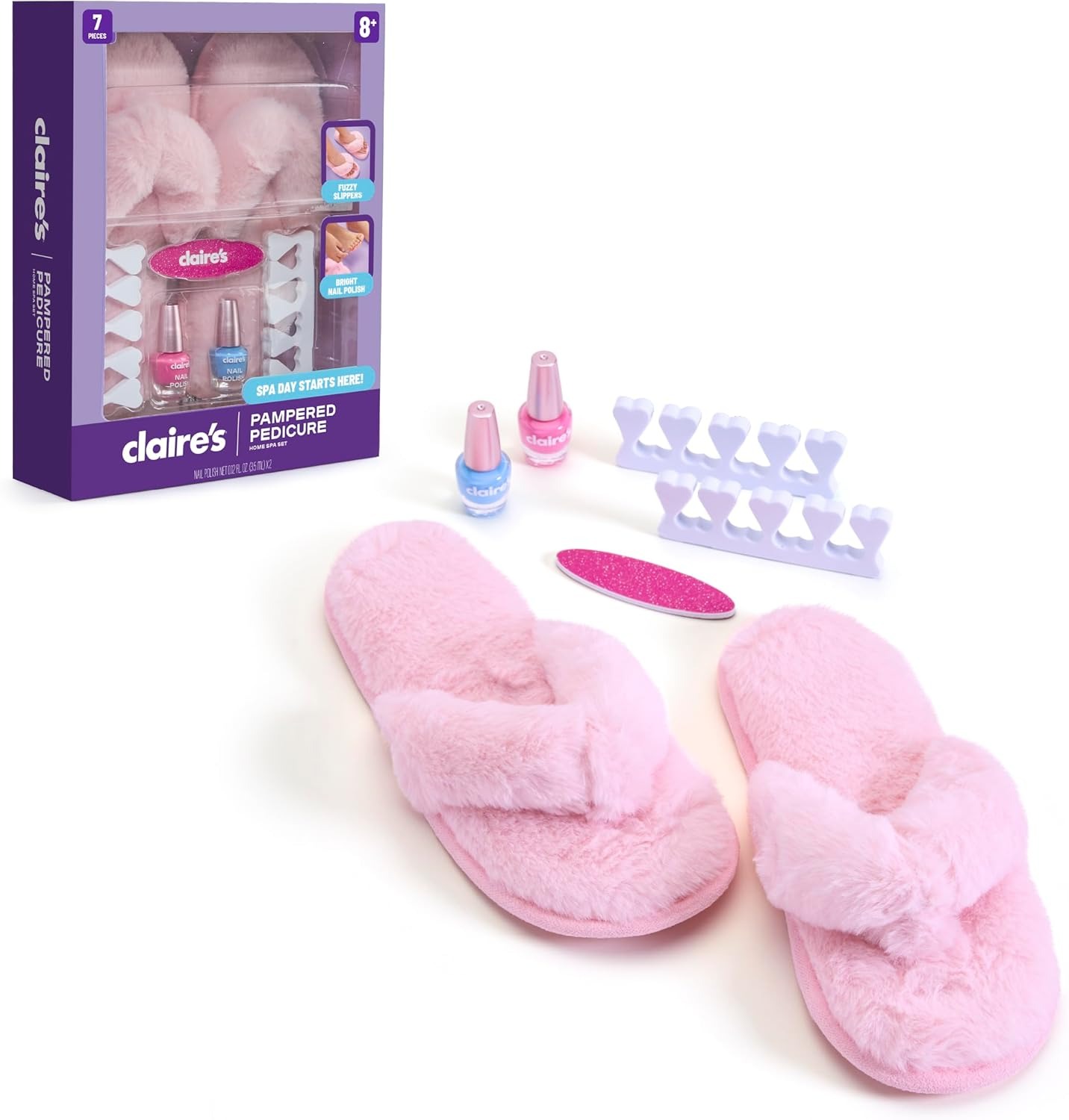 Claire's Kids Pedicure Kit, 7-Piece Home Spa Set with Fuzzy Slippers, Nail Polish, Toe Separators & Nail File, Kids Pedicure Tools for Feet, Girl Toys & Beauty Activity, Gift for Girls Age 8+
